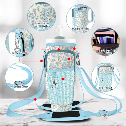 Stanley Carrier Bag for Stanley 40oz/30ozTumbler with Phone with 2 Adjustable Strap,3 Pockets Bottle Stanley Cup Carrier Bag & Case,Accessories for Hiking Travelling - color: Blue Flowers