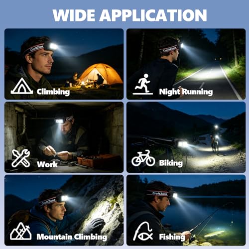 Rechargeable LED Headlamp w/Reflective Headband, 500LM USB-C Waterproof, Motion & Dimming, 4 Modes & Memory, Li-ion/AAA Dual Power, Magnetic 60° Mount for Camp Hike Work - color: Black-Red