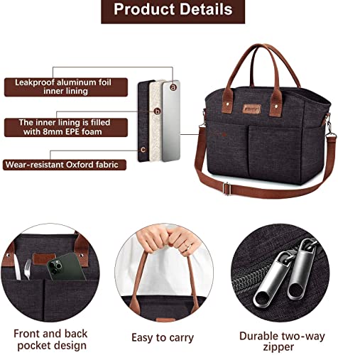 Lunch Bags for Women Insulated Thermal Lunch Tote Bag with Shoulder Strap Upgrade Large Lunch Box Container Drinks Holder for Adults Men Work Picnic Beach Park, Dark Black - color: Dark Black