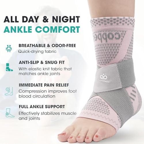 INDEEMAX Ankle Brace for Sprained Ankle Compression Sleeve, 2 Pack Copper Infused Ankle Support Brace for Women & Men, Plantar Fasciitis Relief Achilles Tendonitis, Sports Running, Pink Silver, L - color: Pink Silver 2 Pack, size: Large