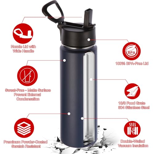 Volhoply 24oz Insulated Water Bottle with Straw Lid, Navy, 1-Pack - color: Navy