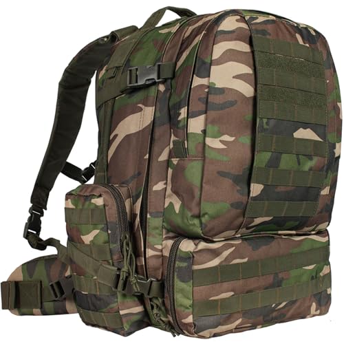 FOX OUTDOOR PRODUCTS Advanced 3-Day Combat Pack | 69L Tactical Backpack w/Dual Hydration Ports, Compression Straps & Storage - color: Woodland Camo