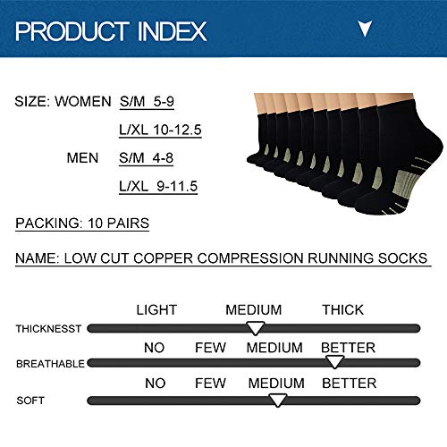 Iseasoo Ankle Compression Socks for Women Men, 5 Pairs Copper Running Socks - color: C01-10 Black, size: Small-Medium