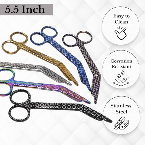 Bandage Scissors 5.5" Long Set of 6 Nurse Vet Tech Gift Made of Stainless Steel with Colorful Patterns First Aid Used For Cutting Gauze Tape Clothing Bandages Vet Wrap Adhesive Removal (Set 13) - style: Set 13