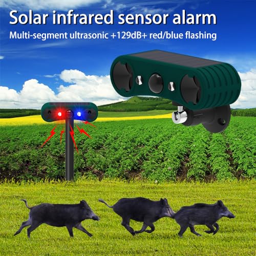 Outdoor Solar Motion Sensor Alarm 129dB Loud Sound Siren Alarm 4 Modes Security Alarm with Strobe Light for Farm Garden Orchard Barn Yard (2 Pack)