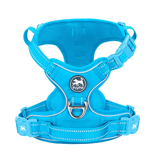 PoyPet No Pull Dog Harness, Reflective Vest with 2 Leash Clips & Handle - color: Blue(Matching Trim), size: S