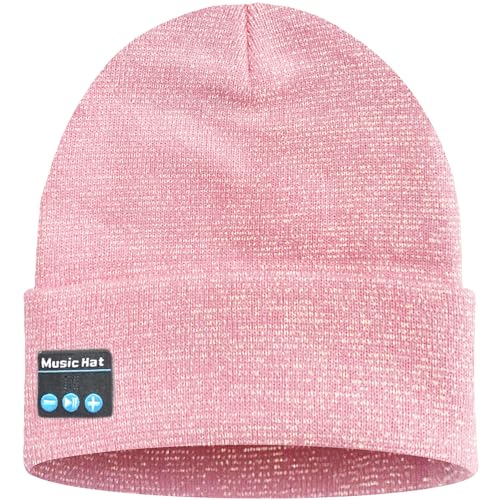 ATNKE LED Lighted Bluetooth Beanie Hat,USB Rechargeable 4 LED Wireless Music Running Headlamp Cap Gift for Men and Women - color: #Blended Pink Goldwire