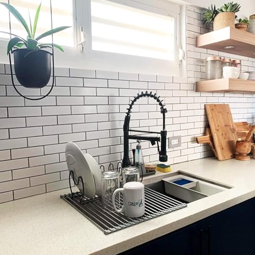 Searik Dish Drying Rack Roll Up Sink Drying Rack, Over The Sink Dish Rack Multi-Use Stainless Steel Dish Drainers Heat Resistant Mat for Drying Draining Trivet (17.7"x13.8") - color: Black, size: 17.7"x13.8"