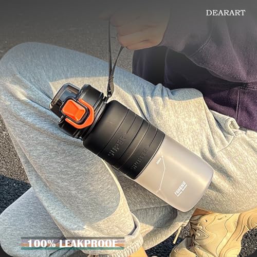 DEARART Sport Water Bottle with Locked Button, Frosted Bottle 100% Leakproof No Straw Silicone Anti Slip Ring, Suit Sport Office School Travel Yoga Gym for Women Men, 30oz, Black - color: Black