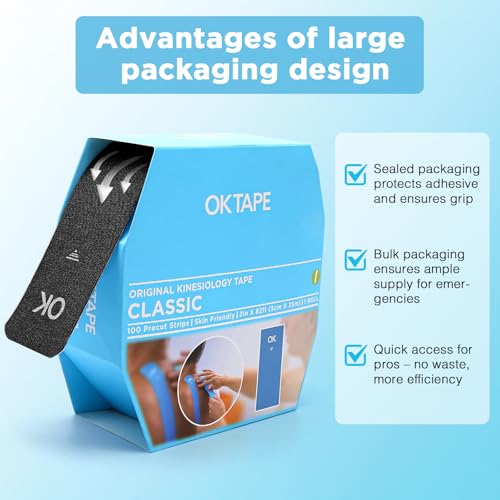OK TAPE Kinesiology Tape 150 PCS Precut Elastic Strips Bulk 2inx10in/PCS - color: Black, size: 150 PCS