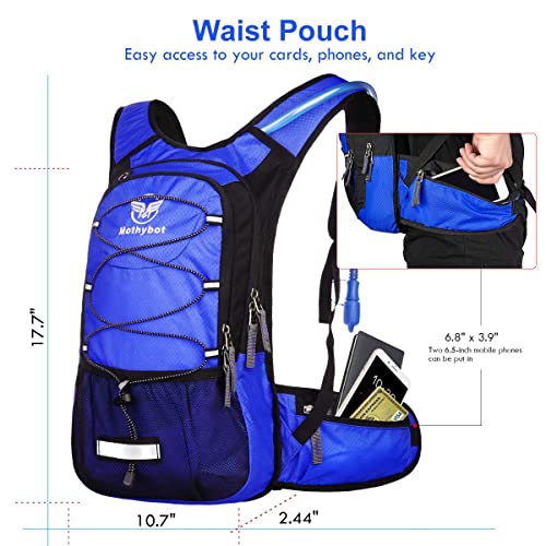 Mothybot Insulated Hydration Backpack Pack with 3L BPA Free Leak Proof Water Bladder, Large Storage Lightweight Hiking Daypack with Waist Pouches & Cooler Layer, for Running, Biking, Camping, Festival - color: Dark Blue