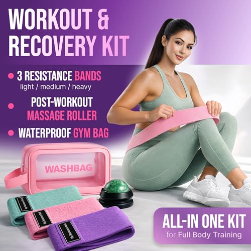 Fabric Resistance Bands for Working Out Women - Set of 3 with Massage Roller Ball & Waterproof Gym Bag - Anti-Slip Glute, Hip & Leg Workout Bands - color: Purple, Pink, Green