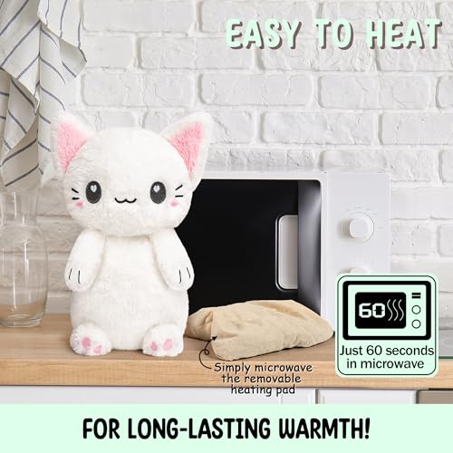 White Cat Microwavable 1.5 lbs Unscented Heating Pad for Women and Kids- Cute Soft Cozy Pillow Plush Heatable Warm Stuffed Animals - Kawaii Hot and Cold Plushie - White Cat Gifts for Girls and Women - color: White Cat