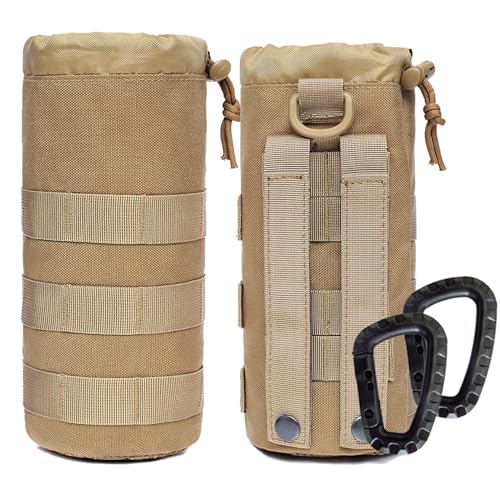 Water Bottles Pouches - 1000D Tactical Molle Drawstring 32OZ Hydration Carrier Bag - color: 2 Pack Tan