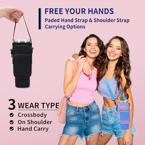 GOEWY Water Bottle Carrier Bag for Stanley Cup 40/30oz with Phone Pockets - color: Black, size: 30oz