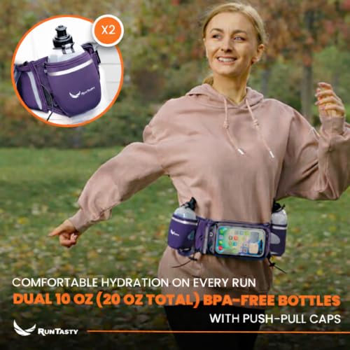 No.1 Hydration Belt by Runtasty - Premium Running Fuel Belt w/2 BPA-Free 10 oz Water Bottles, Tilt-Up Pocket w/Touchscreen-Ready Cover - Fits All iPhones, Runners Ebook & No-Bounce Design - color: Elite Purple
