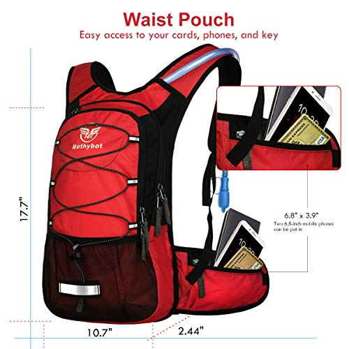 Mothybot Insulated Hydration Backpack Pack with 3L BPA Free Leak Proof Water Bladder, Large Storage Lightweight Hiking Daypack with Waist Pouches & Cooler Layer, for Running, Biking, Camping, Festival - color: Red