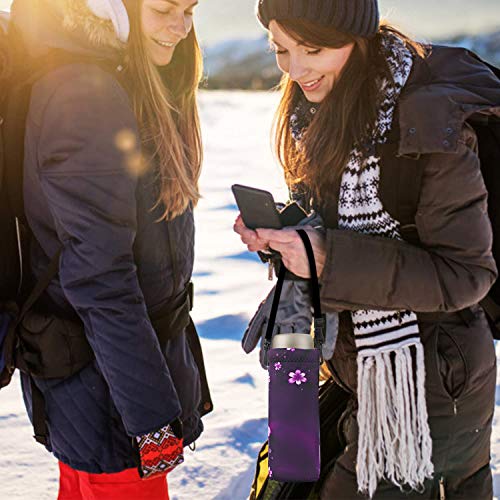 RICHEN Neoprene Water Bottle Carrier Bag with Adjustable Shoulder Strap,Insulated Water Bottle Cover for Stainless Steel/Glass/Plastic Bottles - color: Purple Flowers, size: 500ml