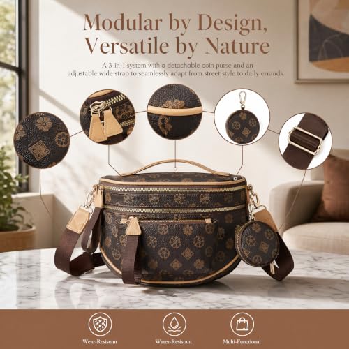 Makes Checkered Crossbody Bag Bum Bag for Women with Pouch - color: Coffee Flower