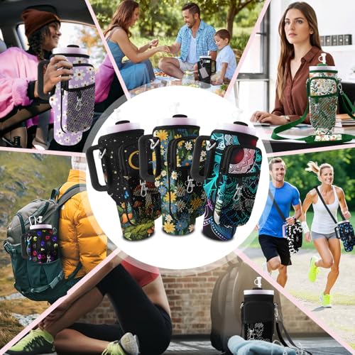 Stanley Carrier Bag for Stanley 40oz/30ozTumbler with Phone with 2 Adjustable Strap,3 Pockets Bottle Stanley Cup Carrier Bag & Case,Accessories for Hiking Travelling - color: Green Flower