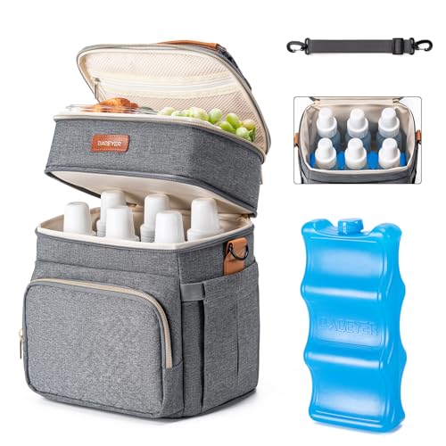 Breastmilk Cooler Bag with Ice Pack Fits 6 Baby Bottles Up to 9 Ounce, Double Deck Leak-Proof Baby Bottles Bag with Shoulder Strap for Nursing & Working Mom, - color: Grey with pocket