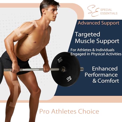 Special Essentials Kinesiology Tape - Premium Cotton Waterproof Sports Tape for Targeted Muscle Support, Pain Relief, & Enhanced Performance 20 Count, 10” Precut & Uncut Strips (Precut, Brown)