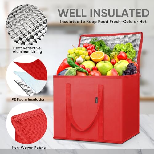 BALEINE Insulated Reusable Grocery Bags with Zippered Top, Large Cooler Bag - color: Bright Red, size: 2 Pack