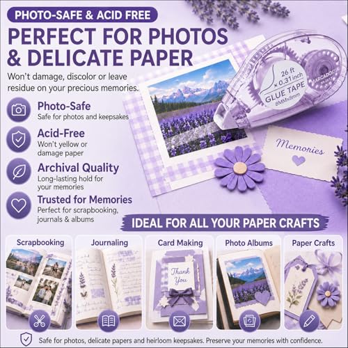 MARCADORUS Glue Tape for Scrapbooking, Double Sided Tape Roller 106Ft Total - size: 26 Ft x 0.31 In : 4 Pack