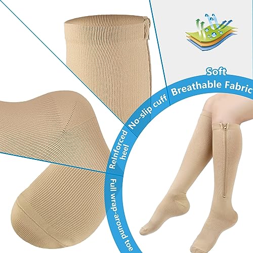 cerpite Zipper Compression Socks, 2 Pairs 15-20 mmHg Closed Toe Compression Stockings for Men Women - color: Beige White, size: Small-Medium