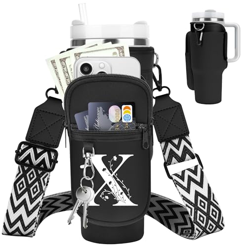 Initial Water Bottle Holder with Strap for Stanley Cup 40 oz Tumbler - color: Black, style: X