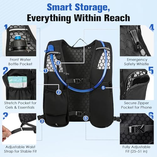 Zacro Running Hydration Vest Backpack, Running Vest with 2L Water Bladder for Men Women, Lightweight Water Backpack for Running, Hiking, Climbing, Camping, Cycling - color: Black