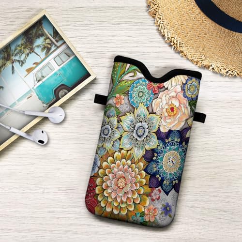 Universal Neoprene Cell Phone Pouch 7.1 X 4 in Mobile Protection Case Bag with Crossbody Strap/Neck Lanyard Mandala Flower Printed Pattern - color: Mandala Flower Printed Pattern