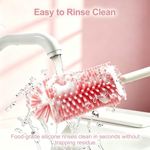 Bottle Brush Set 3-in-1, Including Long Handle Silicone Bottle Brush, Detail Cleaner, Straw Brush, Non Scratch Cleaning Brushes for Water Bottles, Tumblers and Glass (Pink) - color: Pink