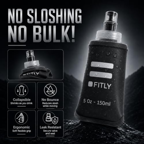 FITLY Soft Flask Running Water Bottle - Collapsible Hydration Flask - color: Black, size: 5 Ounces