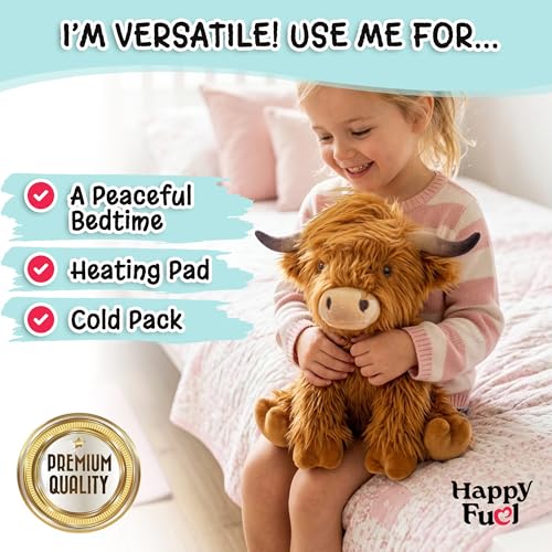 Highland Cow Microwavable Stuffed Animal – 1.5 lb Unscented Heating Pad Plush, Soft Cozy Cute Cow Toy for Relaxation and Comfort, Gift for Women, Girls, Adults & Kids by Happy Fuel - color: Brown Highland Cow (Sitting Down)