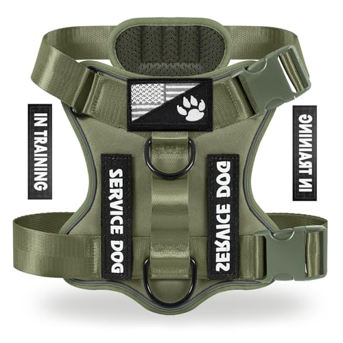 Service Dog Harness, Reflective Dog Vest Harness with 5 PCS Patches, Adjustable Soft Oxford Pet Harness, Inner Layer Mesh, Easy to Control - color: Army green, size: Small (Pack of 1)