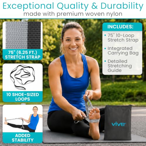 Vive Stretch Strap (75" - 10 Loops) - Leg Stretch Band to Improve Flexibility - Stretching Out Yoga Strap - Exercise and Physical Therapy Belt for Rehab, Pilates and Gymnastics with Guide Book - color: Gray