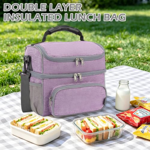 FlowFly Double Layer Cooler Insulated Lunch Bag Adult Lunch Box Large Tote Bag for Men, Women, With Adjustable Strap,Front Pocket and Dual Large Mesh Side Pockets - color: Purple