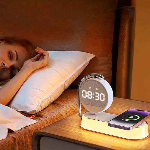 IHAO 4in1 Multifunctional Smart Alarm Clock with Wireless Charging Bright Adjustable Night Light 15W Fast Charger for Phone & Earbuds, 3 Group Alarms, Touch Control for Bedside Table-W001 White - color: Wireless Charger Alarm Clock W001 White