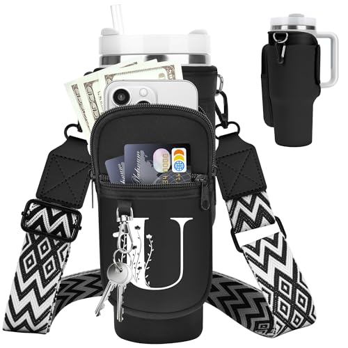Initial Water Bottle Holder with Strap for Stanley Cup 40 oz Tumbler - color: Black, style: U