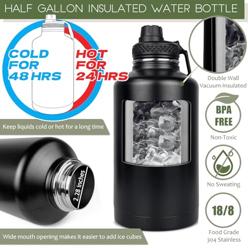 DEFUNX 64 Oz Water Bottle Gym Water Bottles for Men Half Gallon Insulated Water Jug with Sleeve and Strap Stainless Steel Large Sports Bottle Workout Hiking All Black - color: Black Bottle with All Black Sleeve, style: 64 Oz Water Bottle