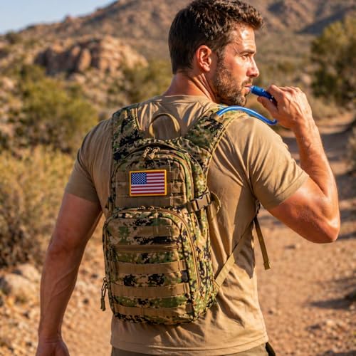 Tactical Hydration Backpack 2L Water Bladder - Lightweight Durable Pack for Hiking, Running, Outdoor Adventures, Adjustable Straps & Leak-Proof Design - color: Woodland Digital Camo