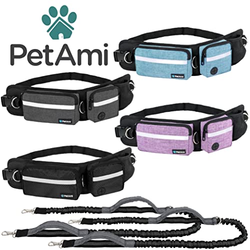 PetAmi Hands Free Dog Leash with Waist Running Belt Bag, Double (Black) - color: Black, size: 2 Leashes