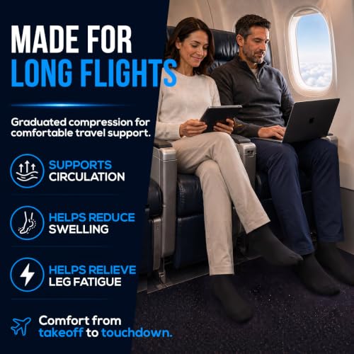 SB SOX Lite Compression Socks for Flying (15–20 mmHg) - color: Solid Black, size: S/M