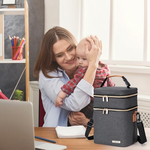 Breastmilk Cooler Bag with Ice Pack Fits 6 Baby Bottles Up to 9 Ounce, Double Deck Leak-Proof Baby Bottles Bag with Shoulder Strap for Nursing & Working Mom, - color: Dark Grey