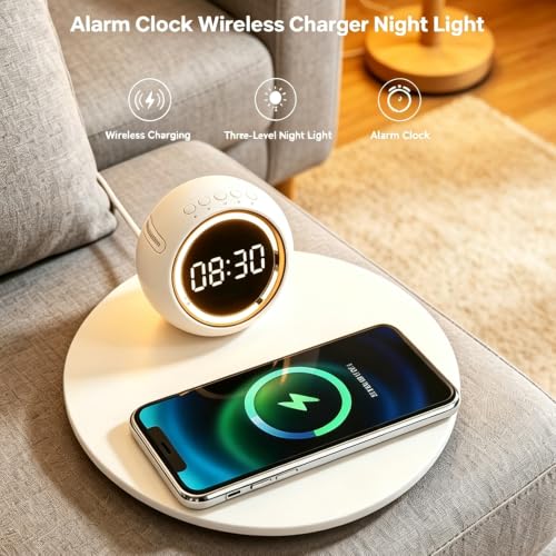 IHAO 3in1 Wireless Charging Station with Dual Alarm Clock & Night LightFast Wireless Charger for Phone iWatch Earbuds Touch Control Dimmable Bedside Lamp Elegant Design for Bedroom Desk K22T White - color: Wireless Charger Alarm Clock K22t White
