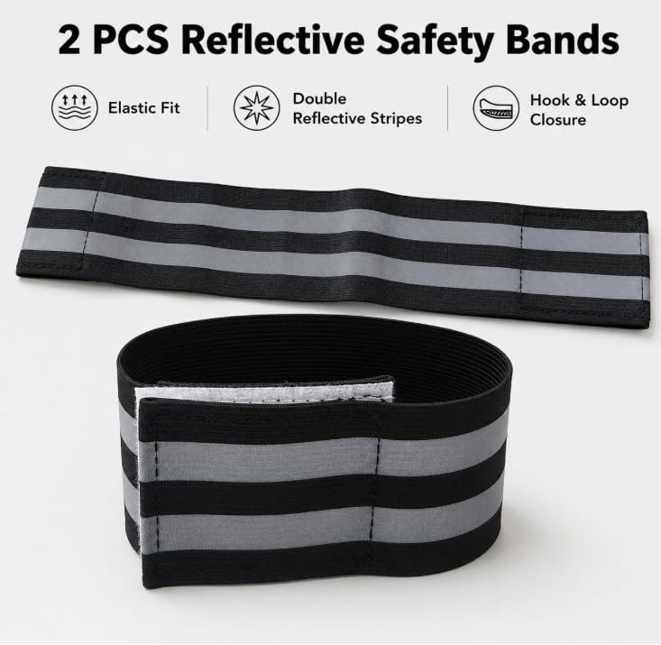 2 Pc Reflective Arm Bands Leg Straps for Running Cycling Night Safety Black
