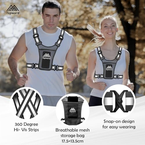 Topward Running Vest Chest Phone Holder for Women Men, Reflective Vest Safety Gear for Dog Walking Cycling - Adjustable Waist/Shoulder - color: Black
