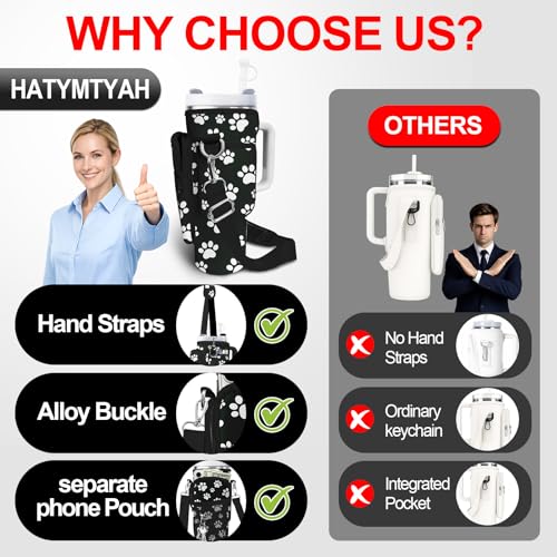Water Bottle Carrier Bag for Stanley Cup 40oz/30oz with Phone Pocket, Neoprene Water Bottle Holder with Adjustable Shoulder & Handle Strap, Stanley Cup Accessories for Walking Travel Gym - color: Dog Paw