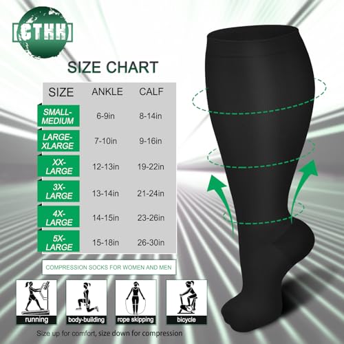 CTHH Wide Calf Compression Socks for Women Men Plus Size Knee High Stocking - color: Black, size: 3X-Large